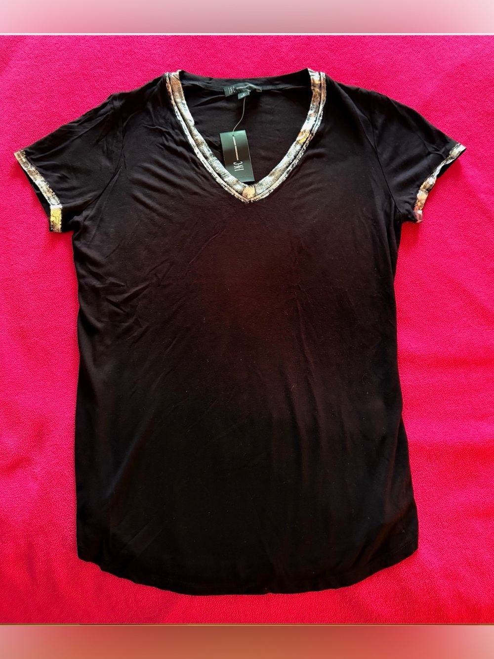 INC International Concepts Women’s Black V-Neck Short Sleeve Top + Silver Trim